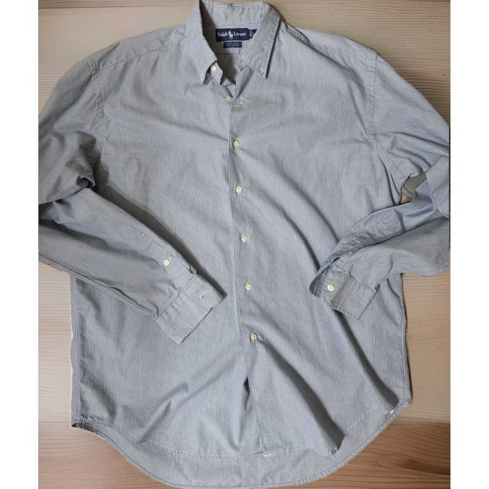 Ralph Lauren Marlowe Blue White Micro Stripe Cotton Button Down Shirt Mens L